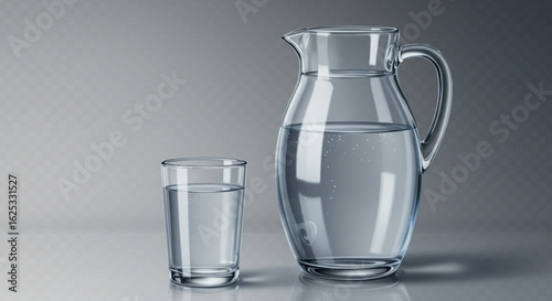 A clear glass pitcher and a glass filled with water on a gray surface with soft lighting effect vreated with genrated ai