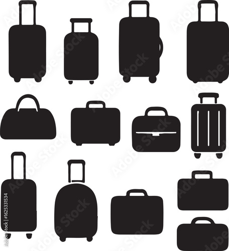 Collection of black silhouette luggage and bags on white background suitcase travel 1