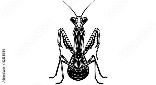 Detailed Black and White Praying Mantis Vector Illustration. Front View of Insect Art. Nature Entomology Design Element.