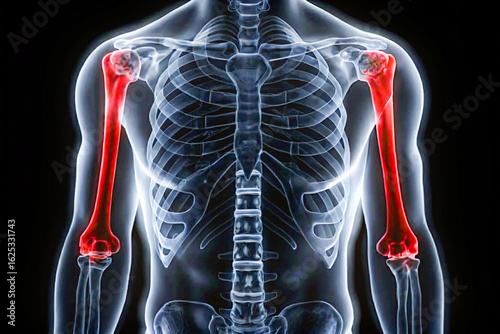 Forearm Skeleton with Ulna Bones in Red – Medical X-Ray Style, Frontal Anatomy of Human Skeleton Highlighting Ulna Bones