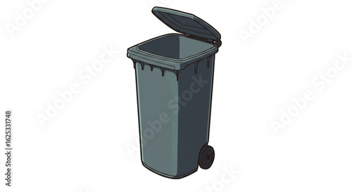 Illustration of a gray wheelie bin with an open lid on a white background in a cartoon style design vreated with genrated ai