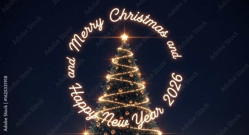 Obraz premium Christmas tree glowing with 'Merry Christmas' text around it against starry sky