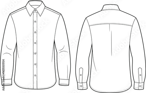 Long-sleeve shirt CAD, button-up front, collar, cuff buttons, back yoke, center pleat, fashion sketch, technical garment illustration