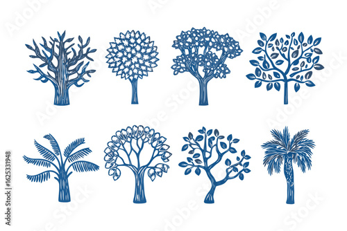 Nature's Whispers: A collection of hand-drawn trees stand tall, each whispering stories of growth and resilience. The blue hues evoke a sense of calm and introspection.