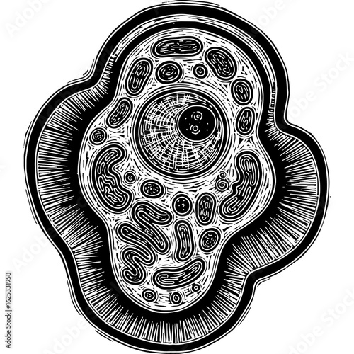 Detailed Microscopic Cell Biology Illustration in Vintage Woodcut Style, Showing Nucleus and Organelles, Black and White Scientific Diagram
