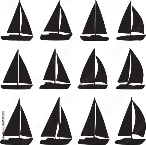 Twelve black sailboat silhouettes on a white background sailing watercraft 1