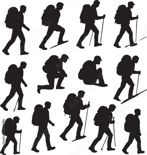 Black silhouettes of hikers with backpacks and poles on white background hiking trekking