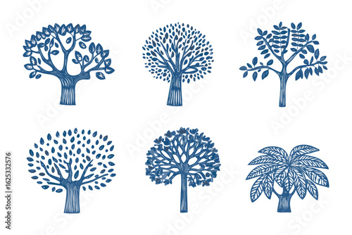 Hand-drawn Trees in Ink: A collection of six meticulously hand-drawn trees, rendered in striking ink. each tree unique in its botanical detail, creating a charming set of arboreal illustrations.