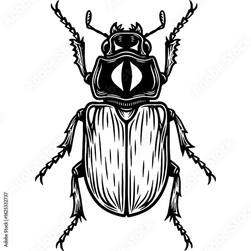 Black and White Engraved Beetle Illustration with Mystical Eye Symbol. Unique Insect Graphic Element for Esoteric Design.
