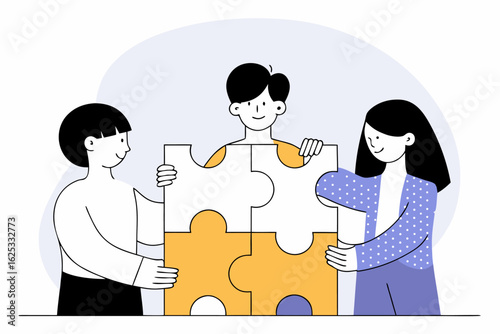 Zespół układający duże puzzle, współpraca i praca zespołowa nad wspólnym celem