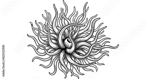 Detailed black and white abstract organic illustration with swirling tentacles. Intricate biological pattern, hand-drawn vector art.