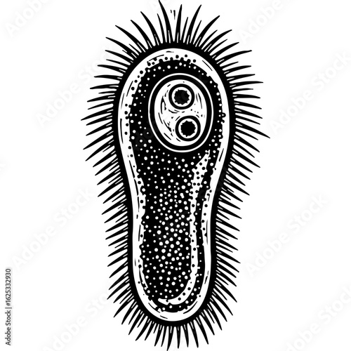 Microscopic single-celled ciliate protozoan illustration, vintage style, paramecium-like organism, black and white engraving art
