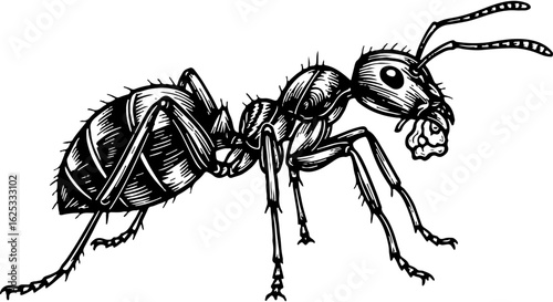 Detailed black and white illustration of an ant, an insect often associated with hard work or pest control, in a vintage sketch style.