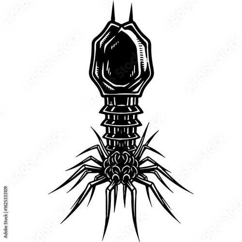Abstract black and white scientific illustration of a virus, resembling a bacteriophage, symbolizing microbiology and infection.