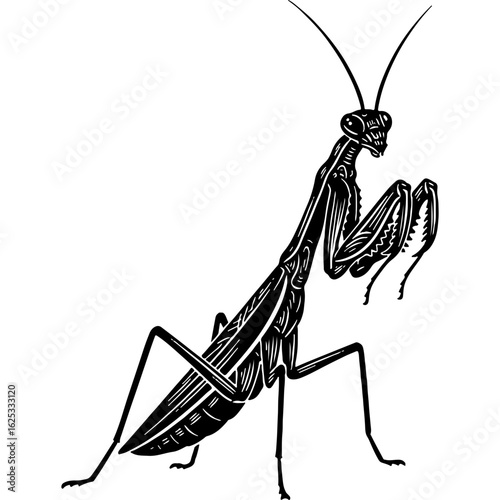 Detailed black and white vector illustration of a praying mantis insect, a predatory creature in a naturalistic, vintage style