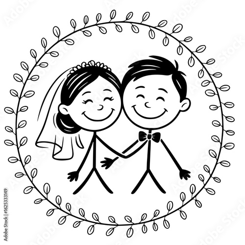 Wedding Couple's Unity: A sketch of a bride and groom embracing within an elegant wreath, signifying a union of love and commitment.