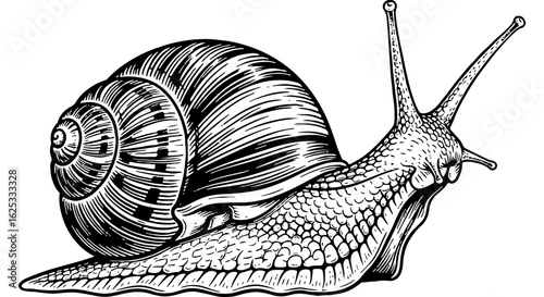 Detailed Engraving Style Snail Illustration. Hand-drawn black and white land snail artwork. Mollusk, gastropod animal drawing.