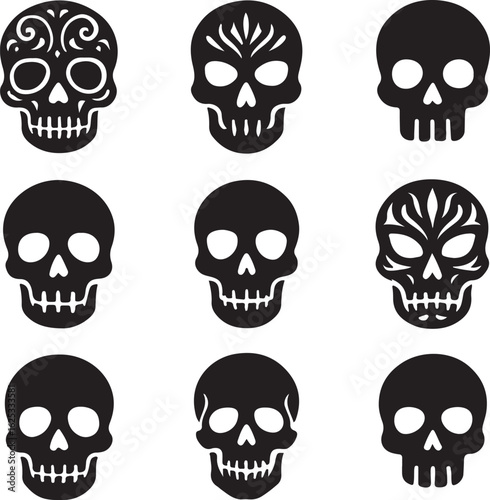 Nine black sugar skull icons with decorative elements and simple designs day of the dead dia de los muertos