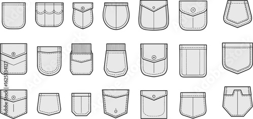 Pocket design CAD drawing, 20 styles, flap pockets, button closures, patch pockets, fashion sketch, garment construction, vector template