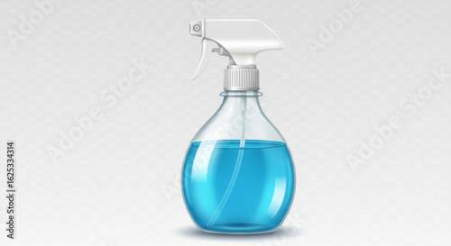 A clear plastic spray bottle filled with a blue liquid against a plain white background in a studio shot vreated with genrated ai