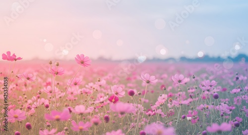 Pink Blossom Field – Dreamy Floral Landscape Under Colorful Sky