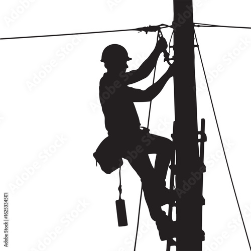 A silhouette of an electrician wearing a hard hat while climbing a utility pole to work on power lines