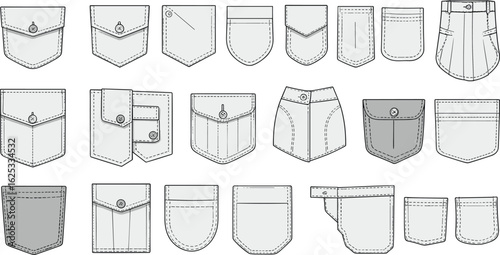 Pocket design CAD drawing, 20 styles, flap pockets, button closures, patch pockets, fashion sketch, garment construction, vector template