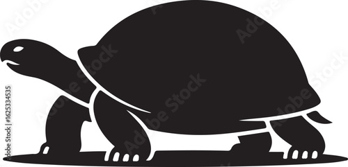 A solitary black silhouette of a tortoise walking, depicted as a simple vector graphic. Isolated ancient reptile icon on a white background.