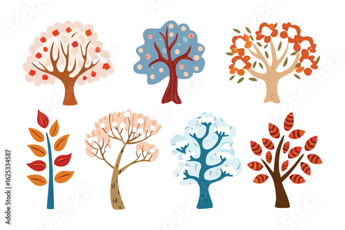Variety of Tree Illustrations: A collection of whimsical, illustrated trees showcasing diverse shapes, colors, and styles, evoking a sense of nature's beauty and artistic creativity.