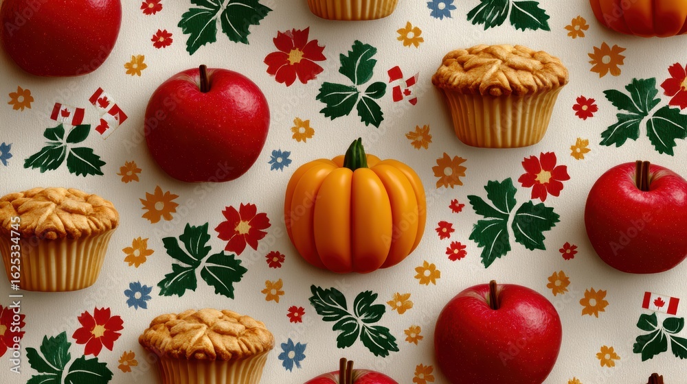 fall harvest pattern, festive seamless folk art pattern with repeating pumpkins, butter tarts, turkeys, apples, and canadian flags in warm tones and clean vectors fall harvest pattern, festive seamless folk art pattern with repeating pumpkins, butter tarts, turkeys, apples, and canadian flags in warm tones and clean vectors