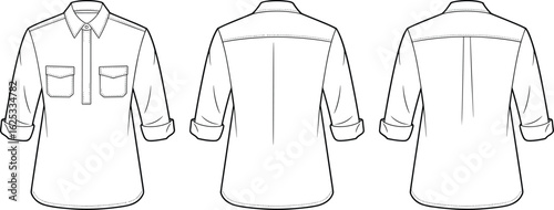 Shirt technical drawing, front and back view, button placket, chest pockets, rolled sleeves, yoke detail, pleat, fashion sketch, template