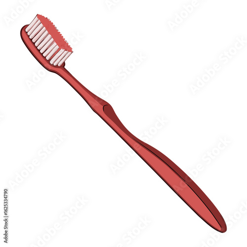 Red toothbrush with white bristles cleaning