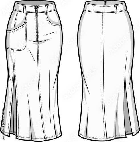 Skirt fashion illustration, front and back view, fitted waist, belt loops, zipper closure, pocket detail, center slit, garment sketch