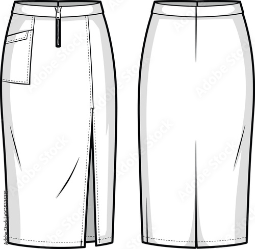 Skirt technical drawing, front and back view, center zipper, side pocket, bottom slit, seam detail, fashion sketch, garment template