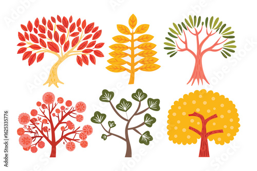 Autumnal Foliage Array: A collection of intricately detailed, stylised trees bursts with vibrant colors, embodying the quintessential beauty of autumn.