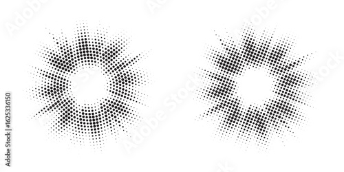 Halftone circle frame background set. Round border Icon using halftone random circle. Grunge circular stain. Vector illustration.