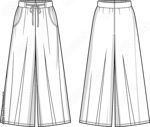 Wide-leg pants technical drawing, high waist design, fashion sketch, front and back view, pleated trousers, garment illustration, sewing pattern