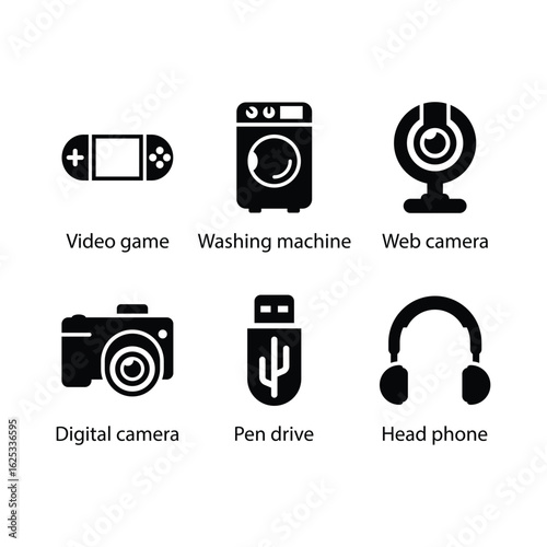 Video game, Washing machine, Web camera, Digital camera, Pen drive, Head phone, icon