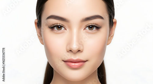 Close up portrait of a beautiful asian woman with brown eyes and light makeup on a white background