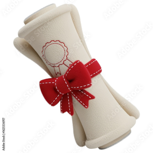 Cream Plush Scroll with Red Ribbon: Graduation, Achievement, Certificate Concept isolated on transparent background