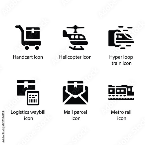 Handcart, Helicopter, Hyperloop train, Logistics waybill, Mail parcel, Metro rail, icon