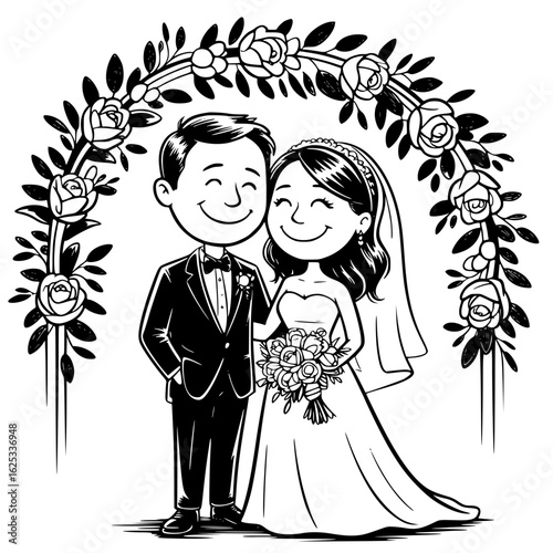 Happy Couple at Wedding: A charming illustration of a couple, radiant with joy, stands beneath a flower-adorned archway, embracing their special day.