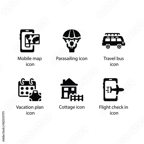 Mobile map, Parasailing, Travel bus, Vacation plan, Cottage, Flight check in, icon