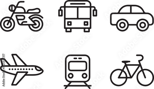 Collection of Transportation Icons Representing Various Modes of Travel and Mobility Options for Urban and Rural Environments