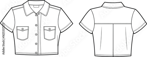 Short-sleeve shirt CAD, button-up front, chest pockets with flaps, back darts, collar, yoke, fashion sketch, garment illustration