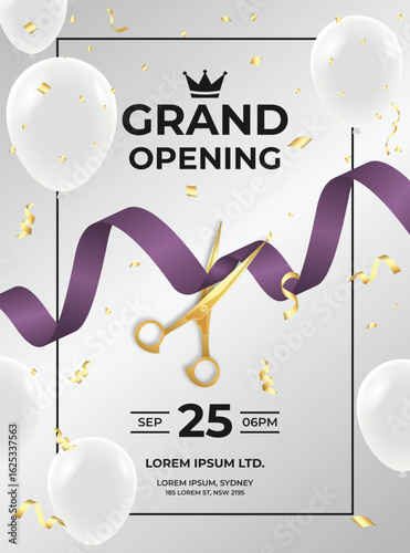 Elegant grand launch invitation design with purple ribbon