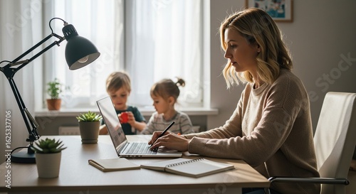 Woman working from home with kids laptop desk family home office remote work balance lifestyle business