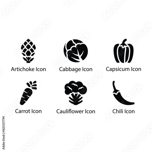 Artichoke, Cabbage, Capsicum, Carrot, Cauliflower, Chili, icon