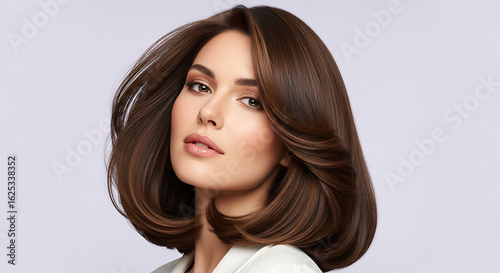 Portrait of a beautiful woman with brown hair and light skin tone posing in front of a light background