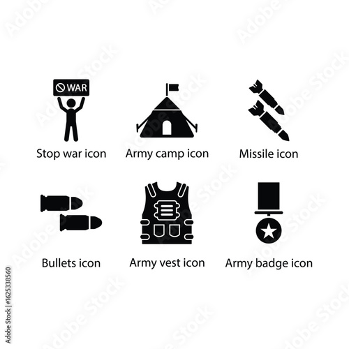 Stop war, Army camp, Missile, Bullets, Army vest, Army badge, icon